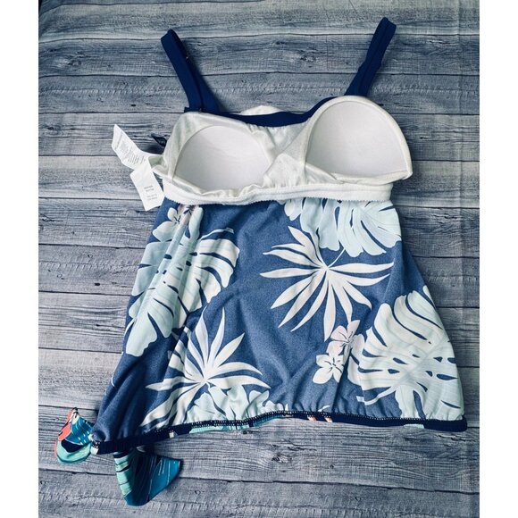 Maxine of Hollywood Navy Hula Leaf Tankini Swim Bandeau Top Size 10 Side Tie - Picture 3 of 11
